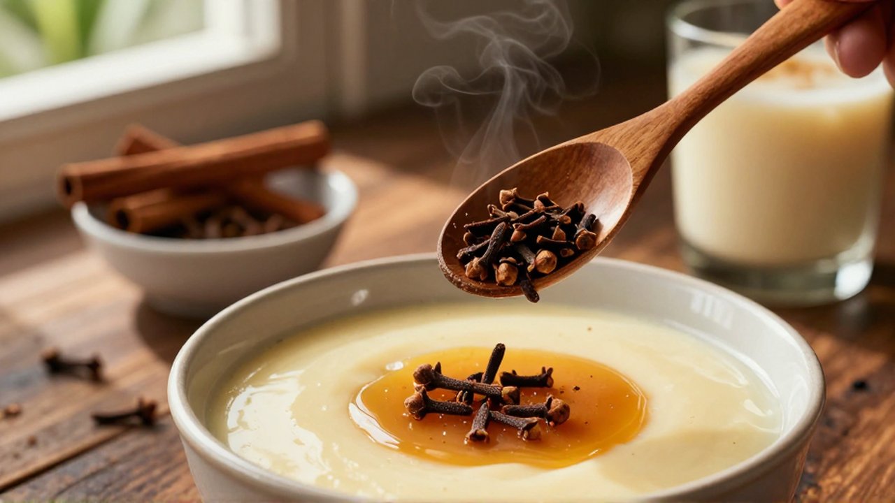 A wooden spoon sprinkles dried cloves over a bowl of creamy custard on a wooden table.
