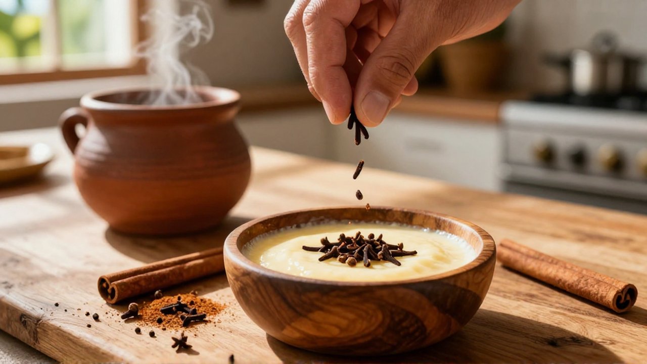 A hand sprinkles dried cloves into a wooden bowl of creamy custard on a rustic table.