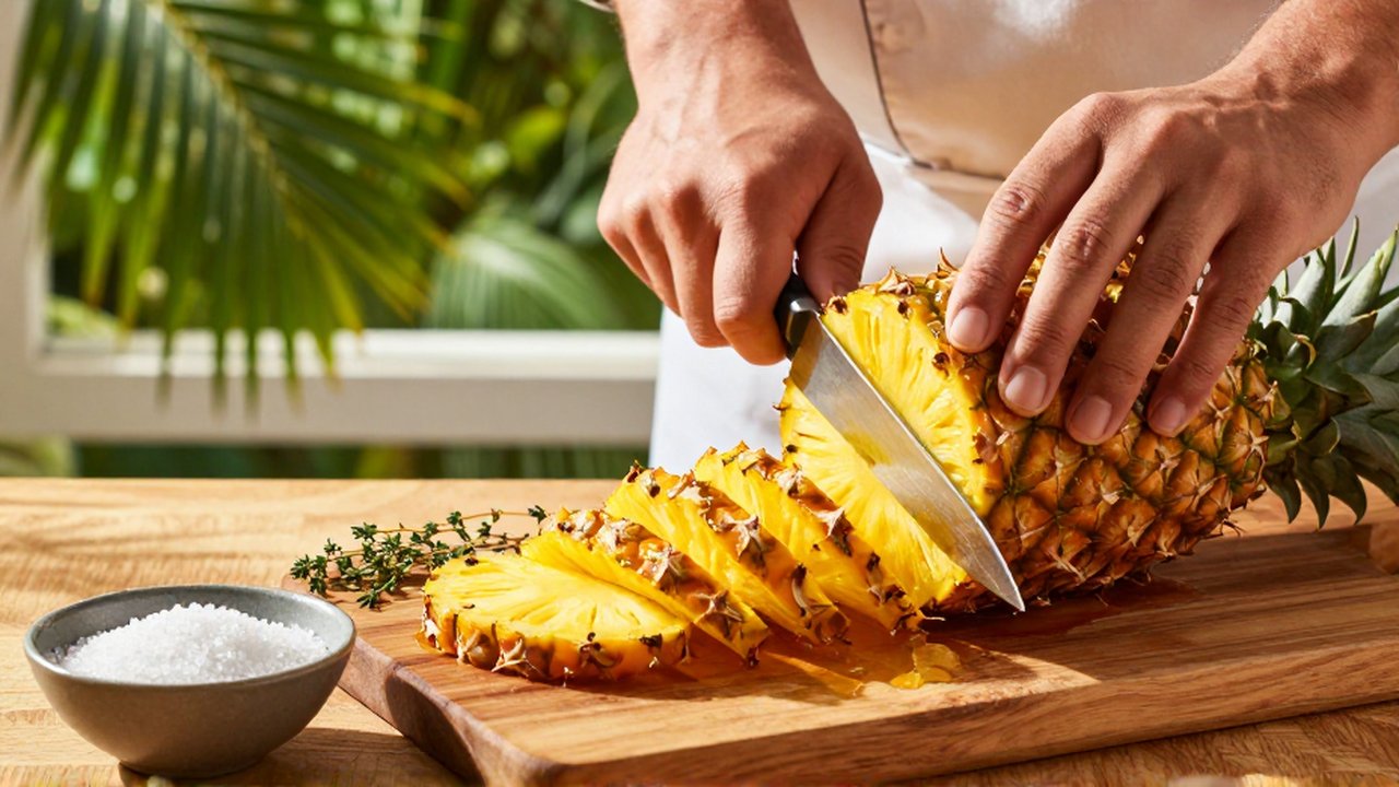 A chef's hands slice a ripe, golden pineapple into rings on a wooden board in a sunlit kitchen.