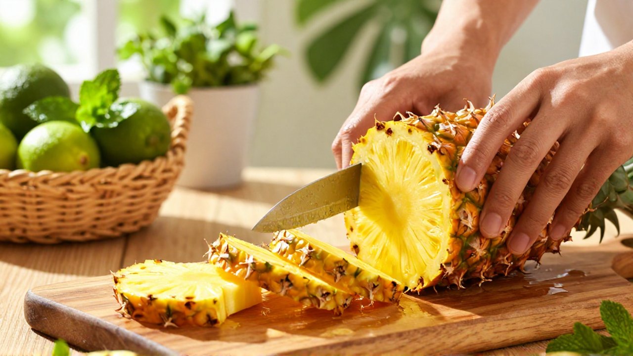 Hands slice a ripe golden pineapple on a wooden board in a sunlit kitchen.