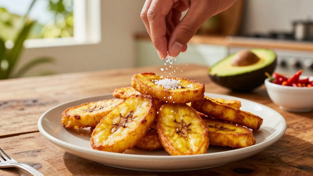 A hand sprinkles sea salt over a golden plate of crispy tostones and fried plantains.