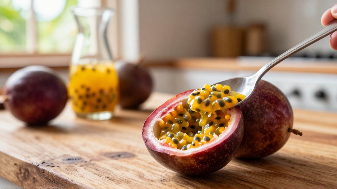 A silver spoon scoops golden pulp and seeds from a halved passion fruit on a wooden counter.