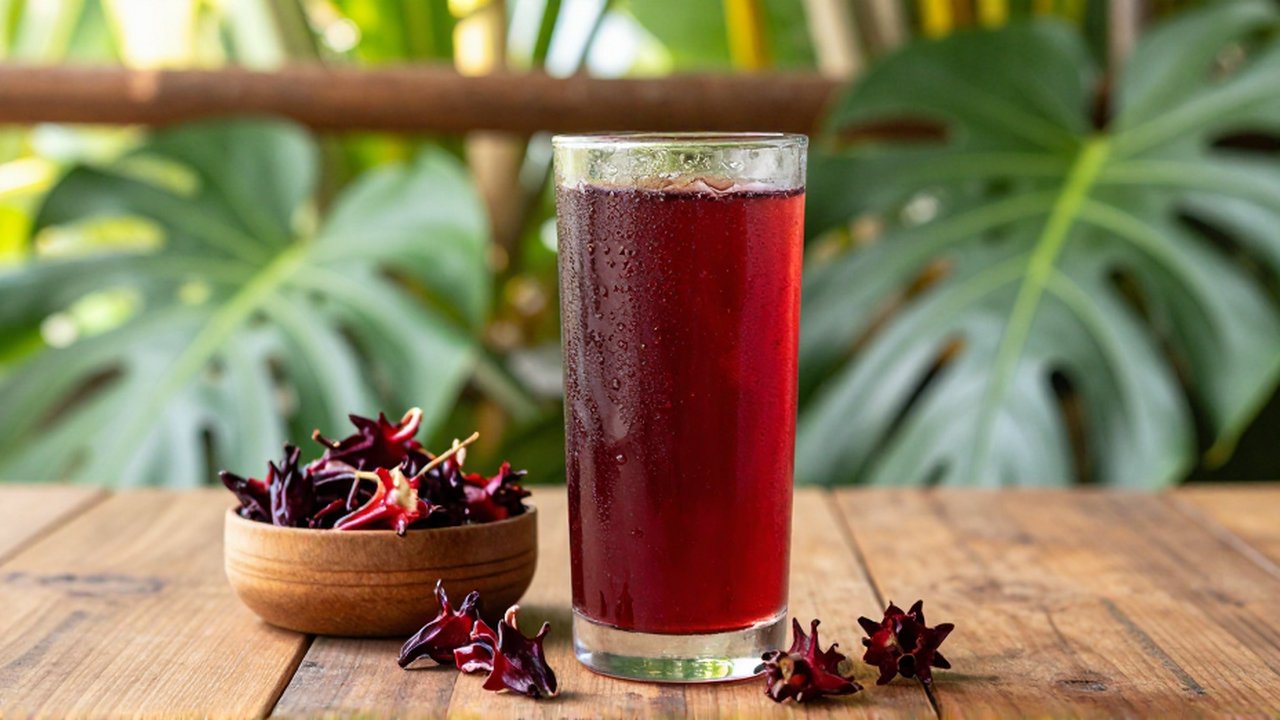 A chilled glass of deep red hibiscus tea sits on a wooden table next to dried hibiscus flowers.