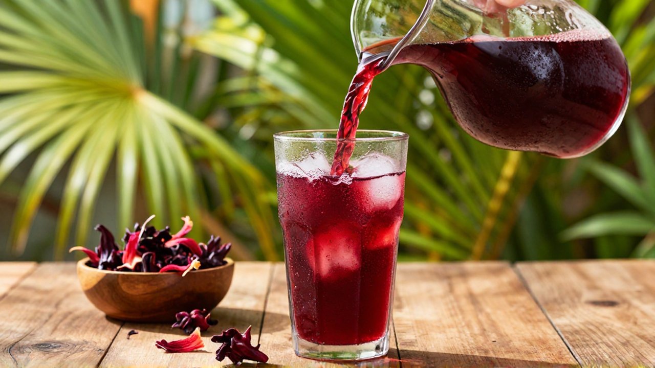 Vibrant red hibiscus tea is poured from a chilled pitcher into a sweating glass on a sun-drenched tropical patio.