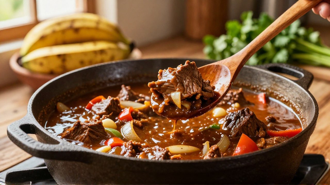 A wooden spoon lifts a tender morsel of beef from a simmering meat stew in a cast iron pot.