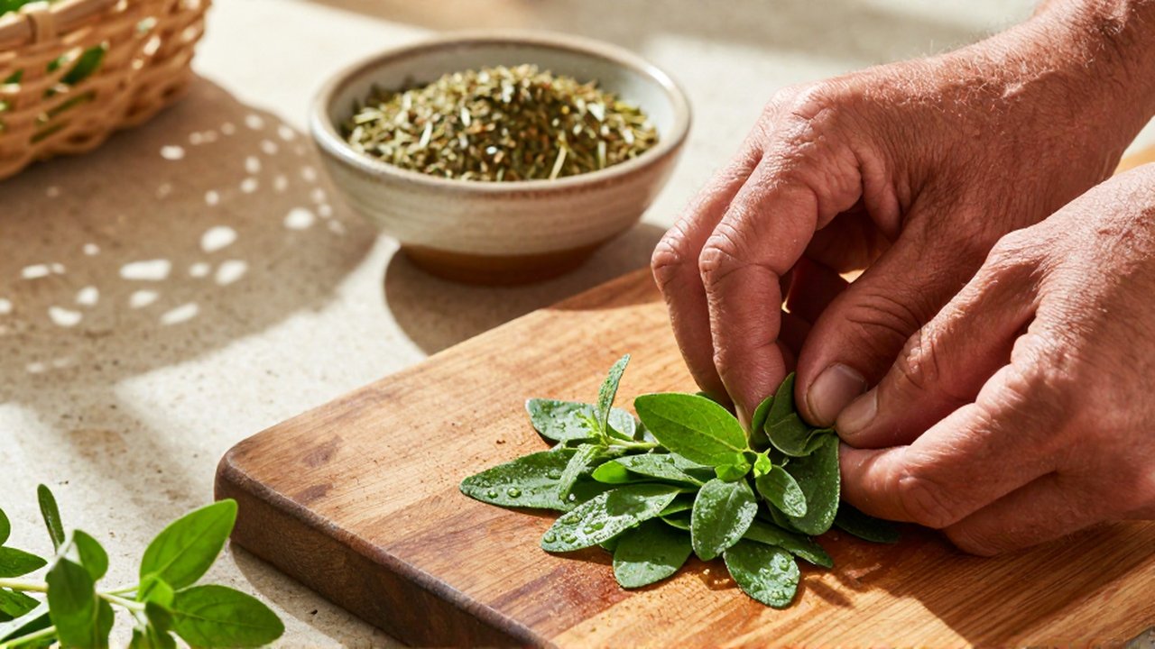 Weathered hands bruise fresh, dewy oregano leaves on a wooden board next to a bowl of dried herbs.