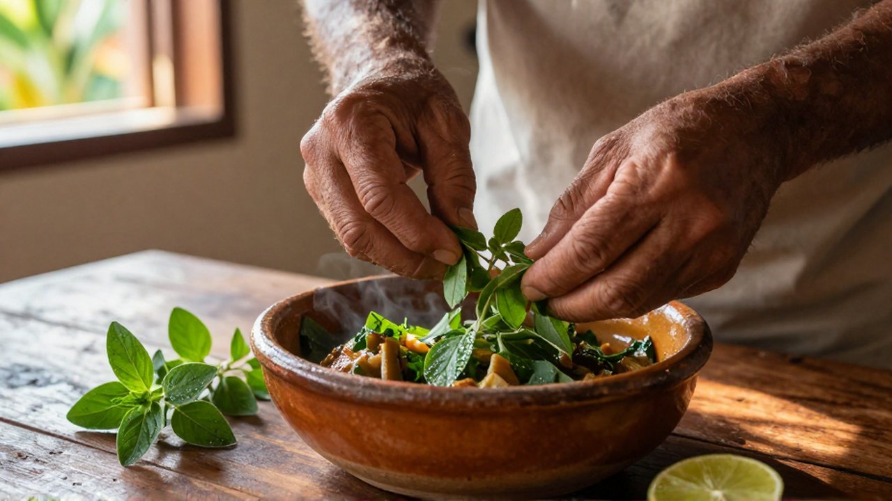 Weathered hands tear fresh oregano leaves over a steaming ceramic bowl of stew on a wooden table.