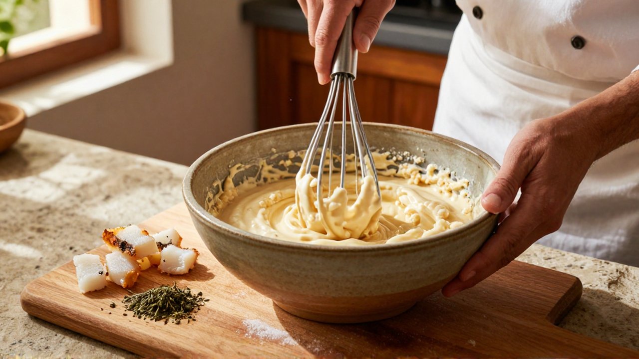 A cook whisks thick golden batter in a ceramic bowl next to salted cod and oregano.