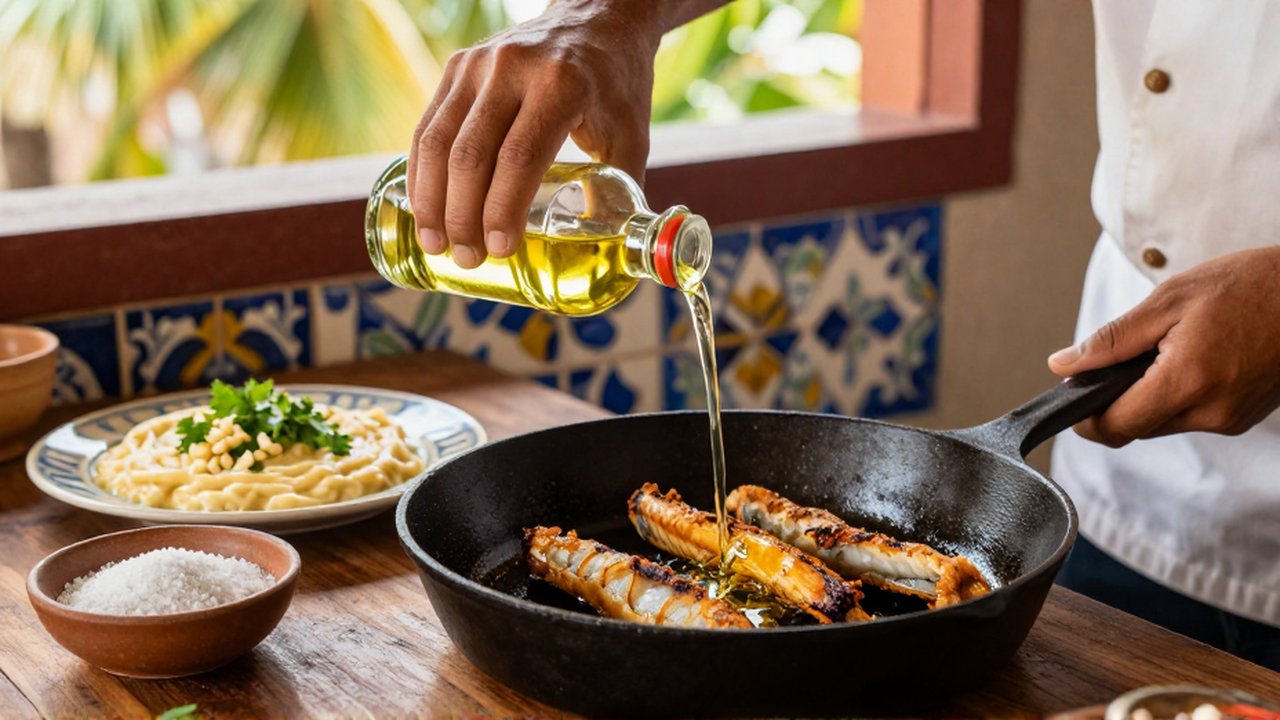 A cook pours golden oil into a cast-iron skillet in a rustic kitchen to prepare batter.