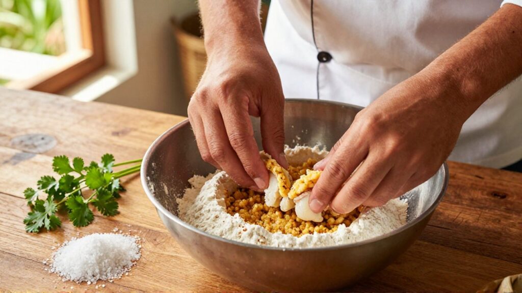 A chef's hands fold salt cod into a garlic and cilantro batter in a sunlit kitchen.