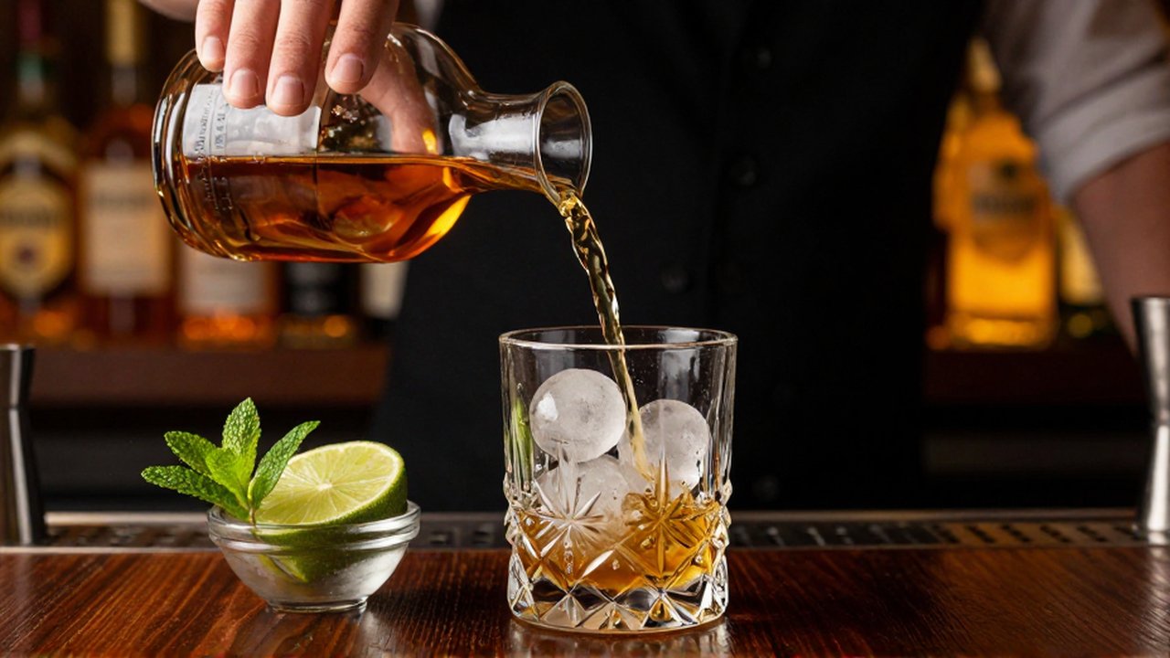 A bartender pours golden rum from a decanter into a crystal glass with ice spheres.