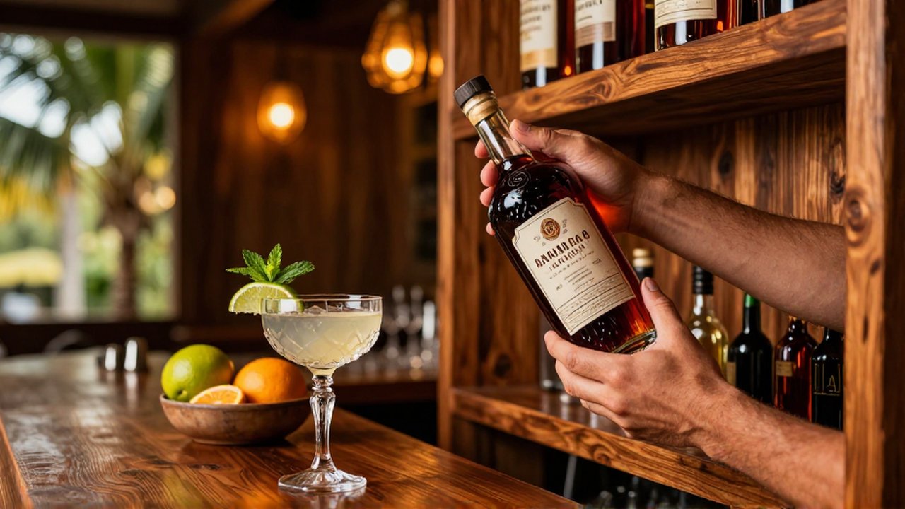 A bartender selects a bottle of dark rum in a sophisticated, dimly lit tropical lounge.