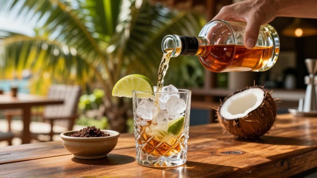 A bartender pours golden rum into a crystal glass filled with ice and lime in a sun-drenched tropical lounge.