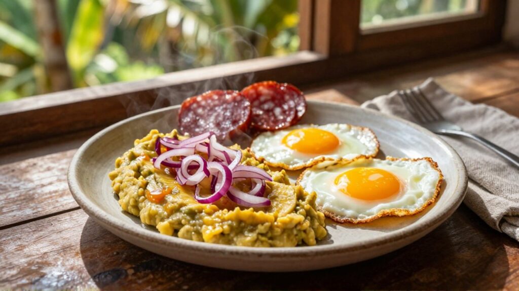 Mashed green plantains topped with pickled red onions