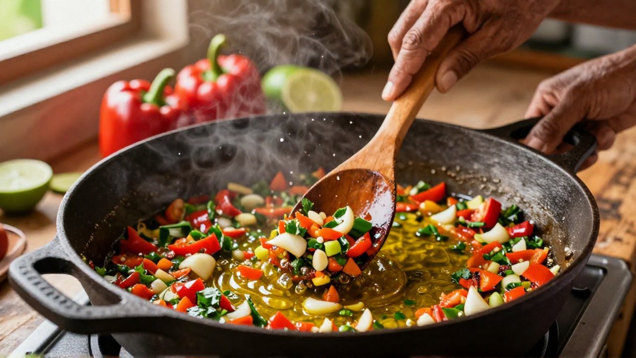 A cook's hands stir a sizzling mixture of minced peppers, onions, and garlic in a cast-iron pot.