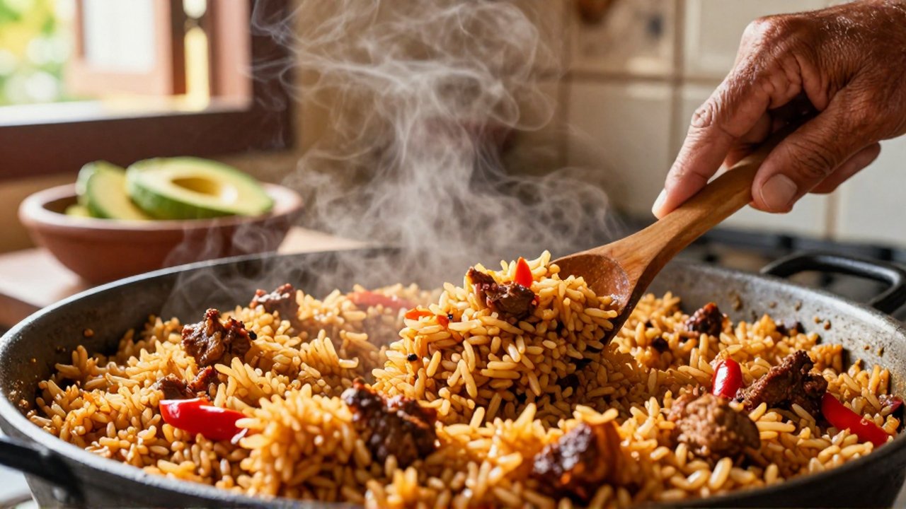 A hand uses a wooden spoon to fluff steaming golden-brown rice in a rustic kitchen.