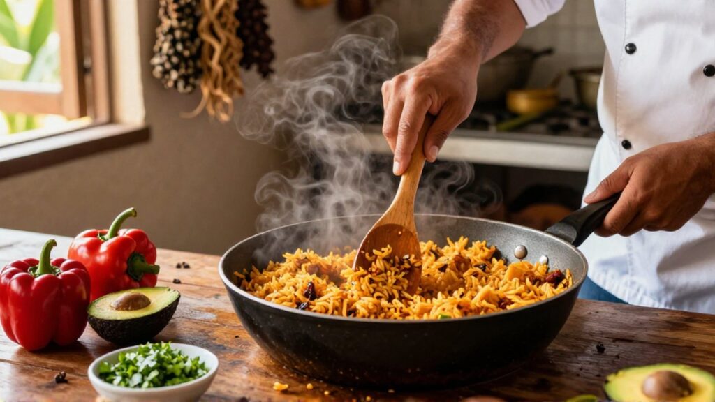 A chef stirs steaming golden rice in a rustic kitchen featuring fresh vegetables and herbs.
