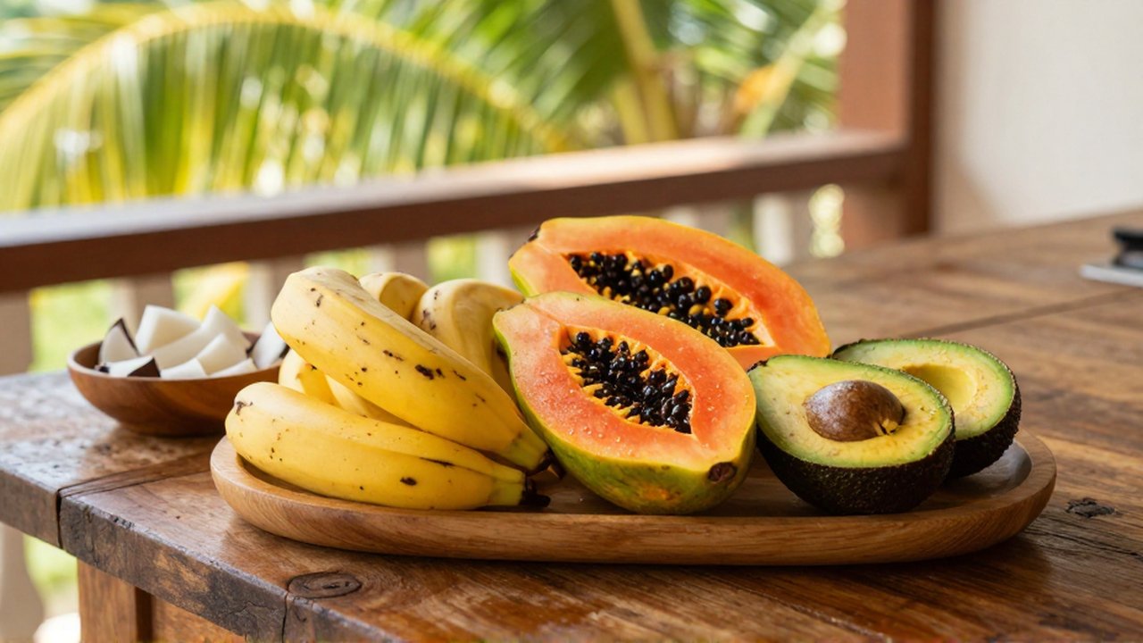 A platter of sliced bananas, papaya, and avocado sits on a wooden table in a sunlit tropical kitchen.