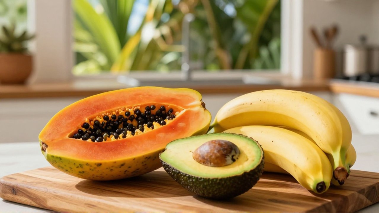 Slices of ripe papaya, avocado, and bananas are arranged on a wooden table in a sunlit kitchen.