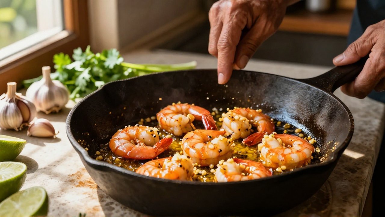 A chef sautés succulent shrimp in a garlic and olive oil sauce in a cast-iron skillet.