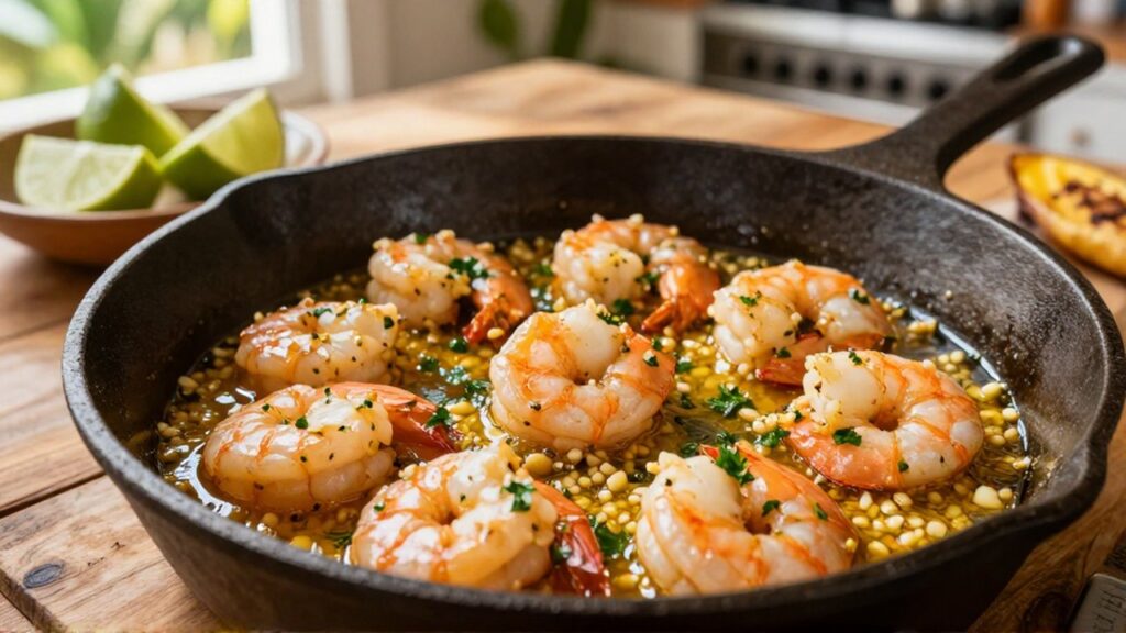 Sautéed shrimp in a garlic and olive oil sauce served with lime and plantains.