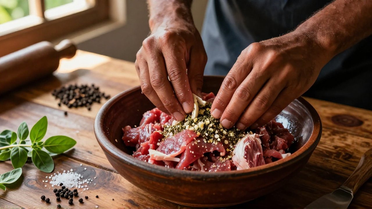 A chef's hands rub crushed garlic, oregano, and sea salt into raw goat meat in a ceramic bowl.