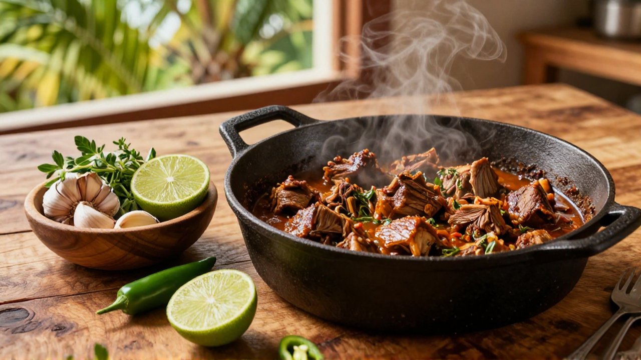 Slow-cooked goat meat in a cast-iron pot sits on a wooden table next to fresh garlic, oregano, lime, and peppers.