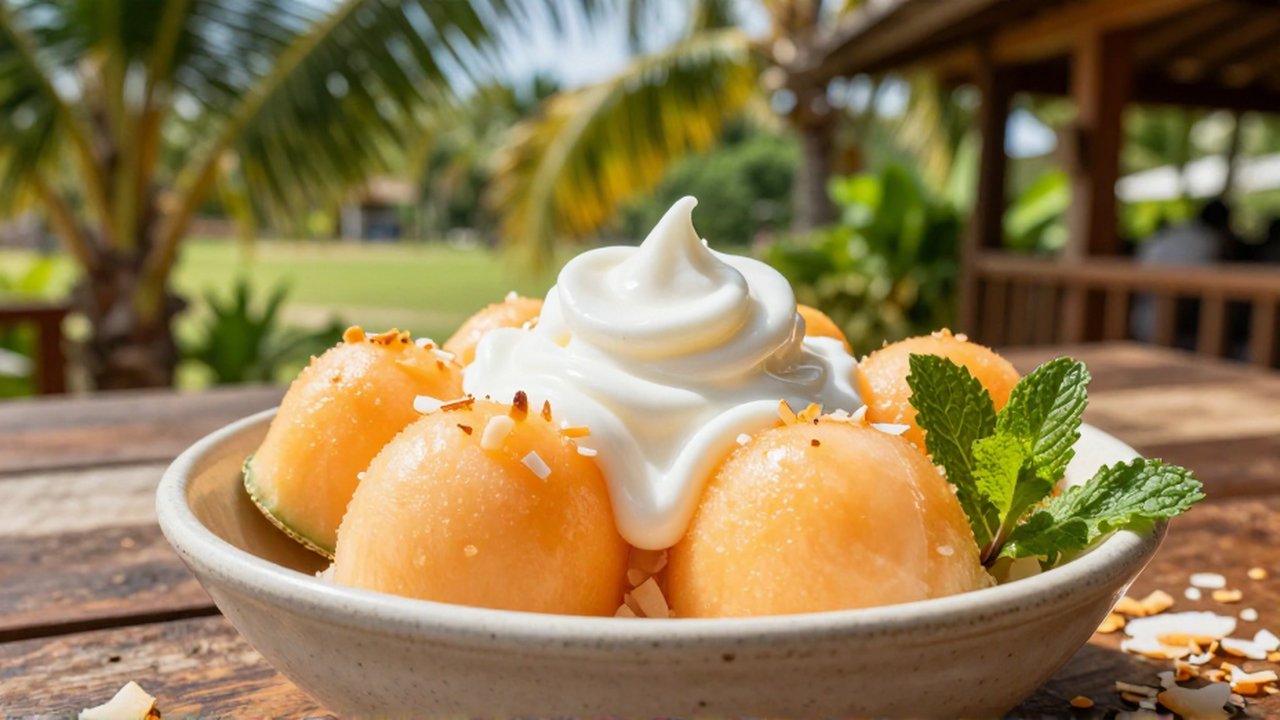 Cantaloupe melon spheres and coconut cream topped with mint on a sun-drenched tropical veranda.