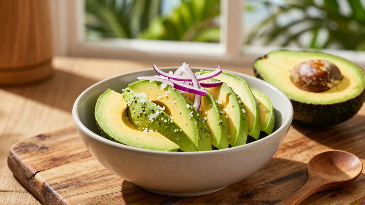 Sliced avocado topped with sea salt and red onion sits on a wooden table in a sunlit kitchen.