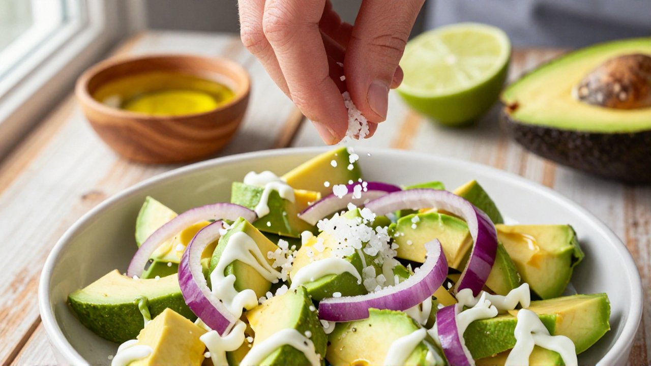 Chef's hands sprinkle sea salt and sliced red onions over chunks of ripe avocado.
