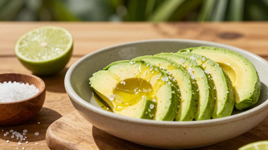 Fresh avocado slices seasoned with sea salt and olive oil in a rustic ceramic bowl.