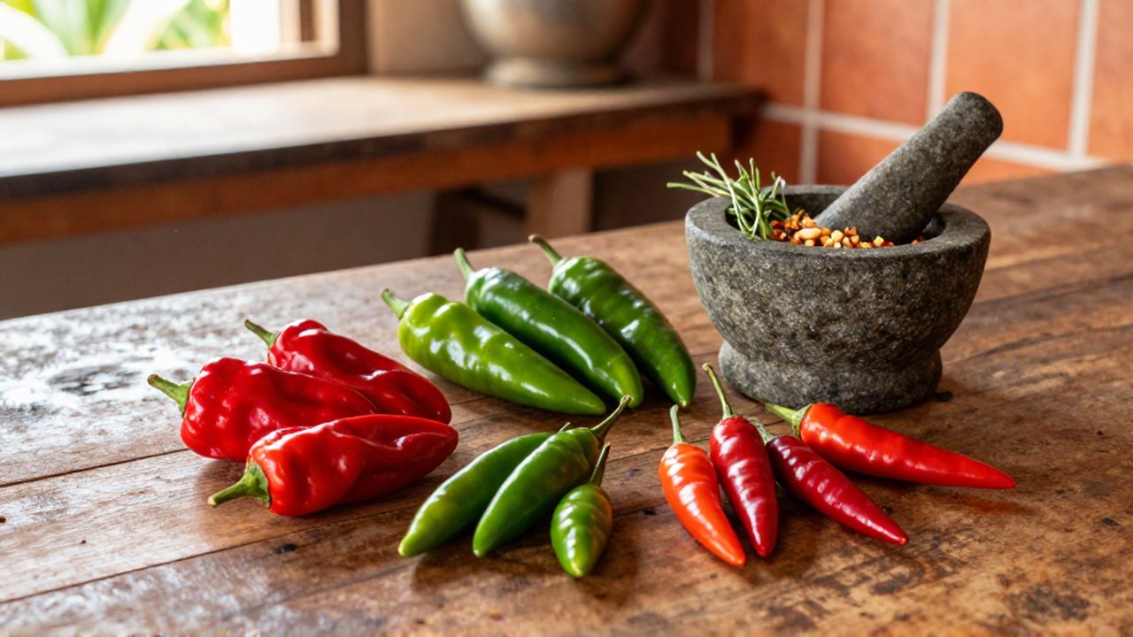 Varieties of red, green, and small chili peppers arranged on a wooden table beside a stone mortar.