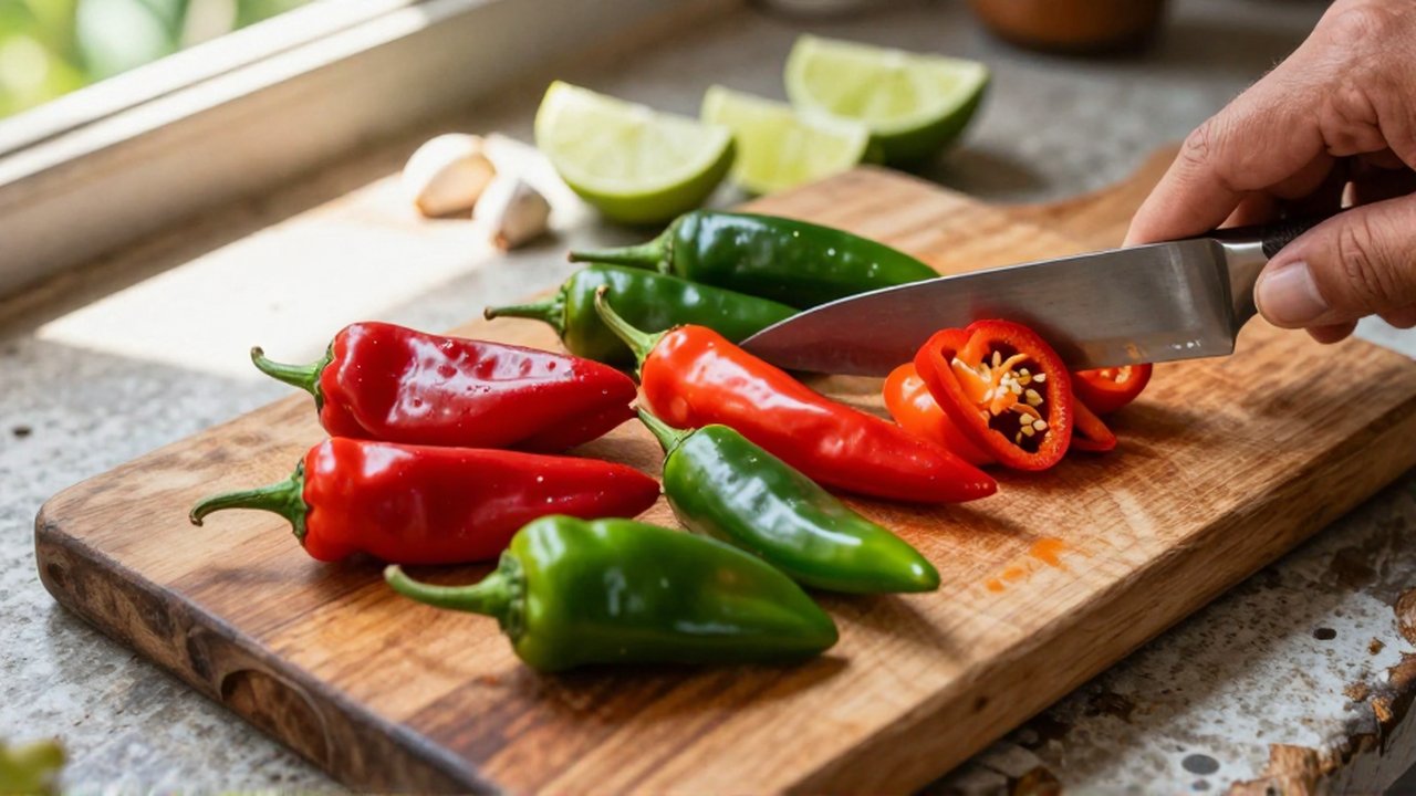 A chef's hand slices vibrant red and green chili peppers on a rustic wooden cutting board.