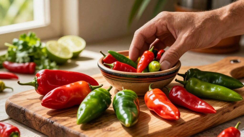A hand places colorful red and green chili peppers into a ceramic bowl on a wooden board.