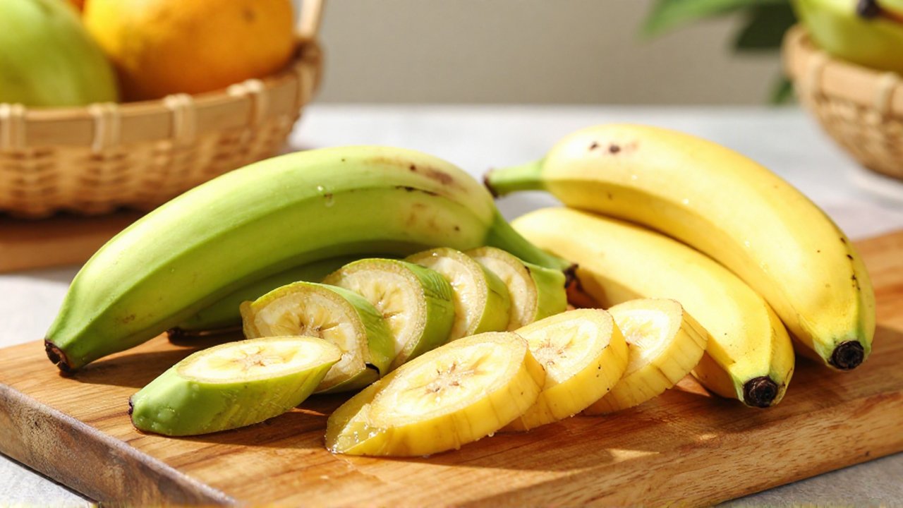 Sliced green and ripe plantains are arranged on a wooden cutting board in a sunlit kitchen.