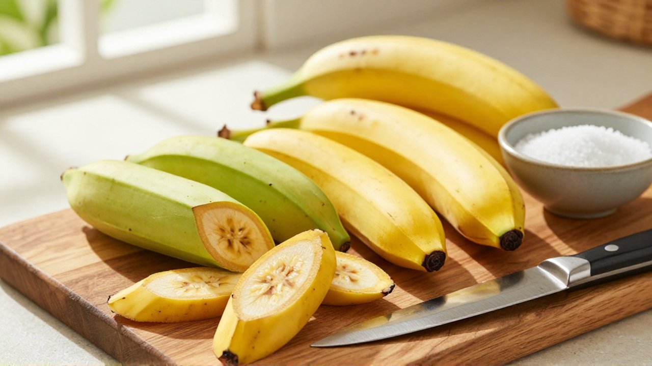 Sliced green and ripe yellow plantains arranged on a wooden cutting board next to a knife and salt.