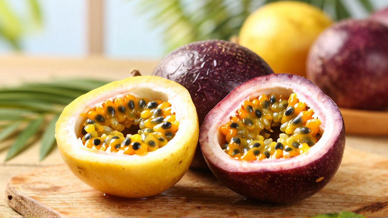 Halved yellow and purple passion fruits with glistening orange pulp on a wooden table.