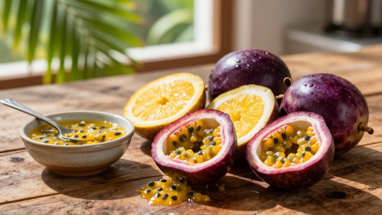 Sliced purple and yellow passion fruits with golden pulp sit on a rustic wooden table.