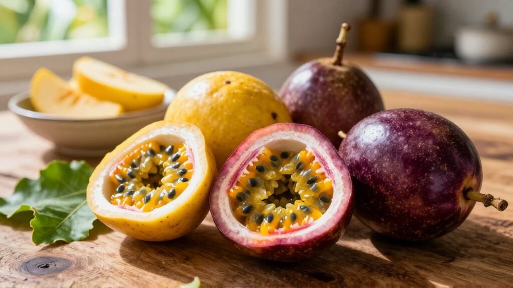 A top-down view of sliced yellow and purple passion fruits on a rustic wooden table.