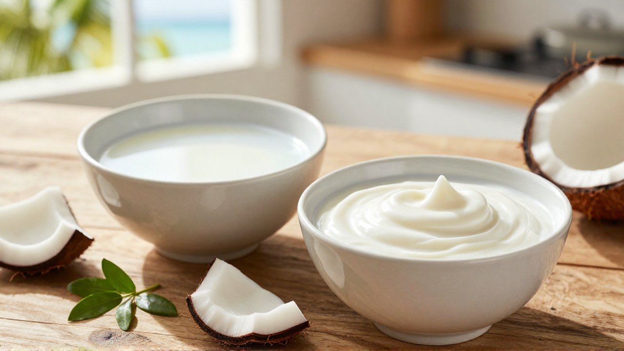 Two ceramic bowls on a wooden table display the textural difference between thin coconut milk and thick coconut cream.