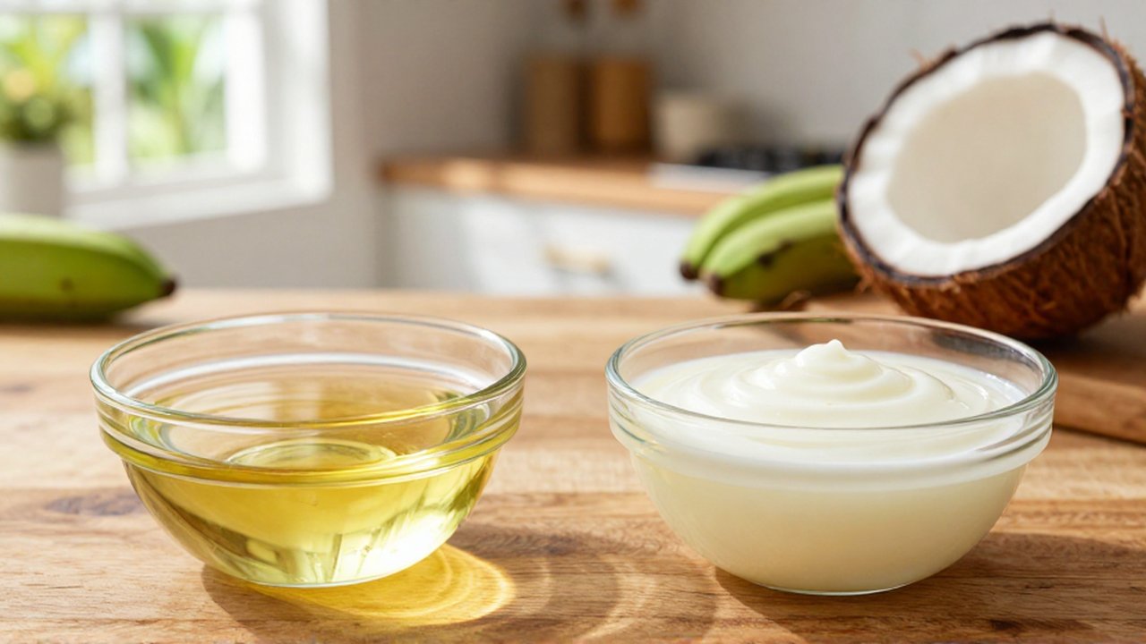 A side-by-side comparison of liquid golden vegetable oil and solid white coconut oil on a wooden countertop.