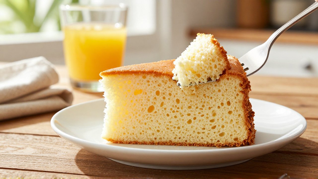 A silver fork lifts a slice of golden, airy sponge cake from a white plate.