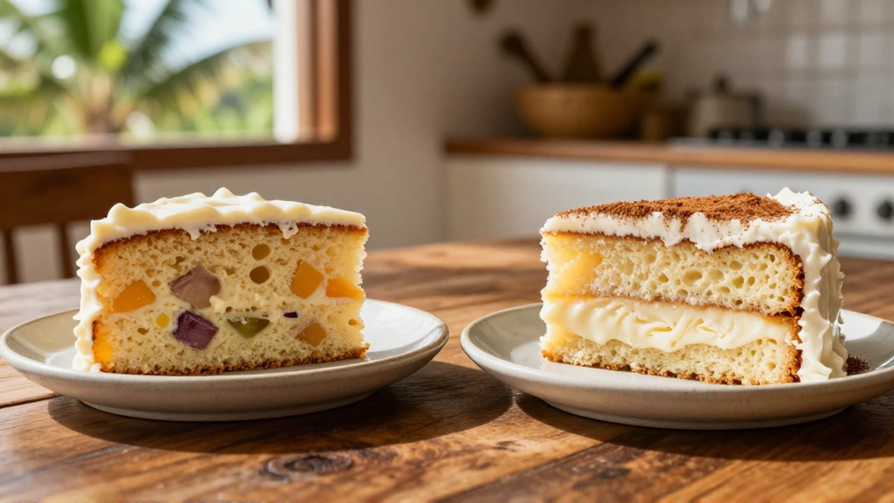 Two cake slices, one dense with fruit and one soaked in milk, sit on plates on a wooden table.
