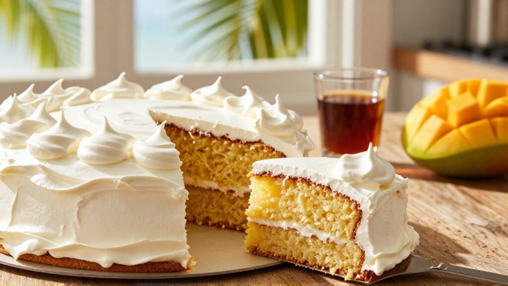 A sliced Mamajuana cake with creamy meringue frosting sits on a wooden table next to rum and mango.