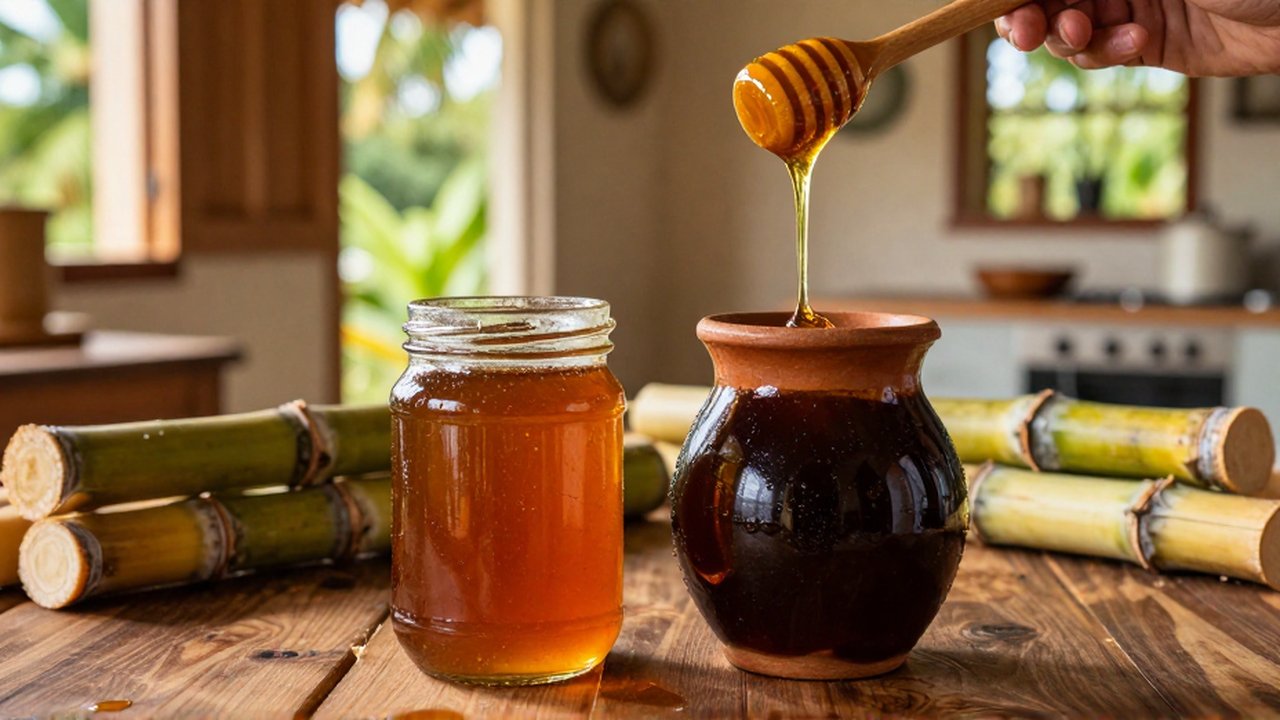 Golden honey pours from a wooden dipper next to a clay pot of dark cane syrup on a rustic table.