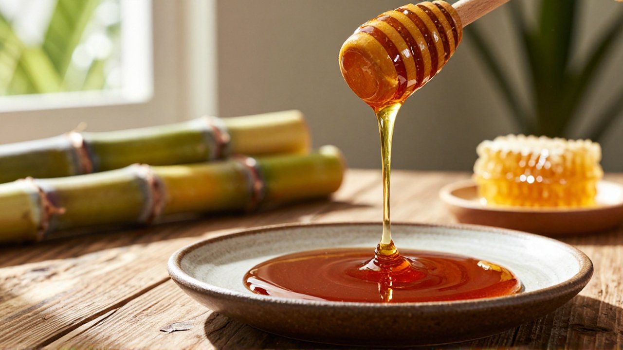 Thick golden honey and dark cane syrup pour onto a ceramic plate on a wooden table.