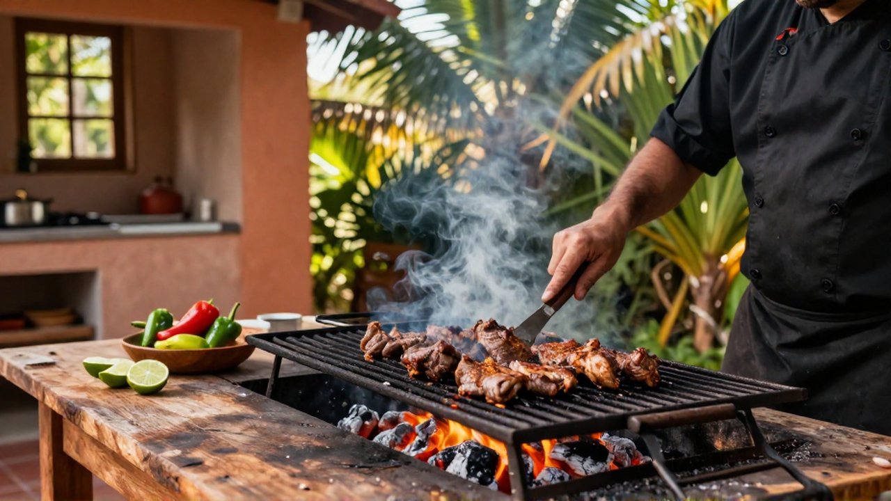 A chef flips seasoned meat on a charcoal grill in a sunny, lush backyard setting.