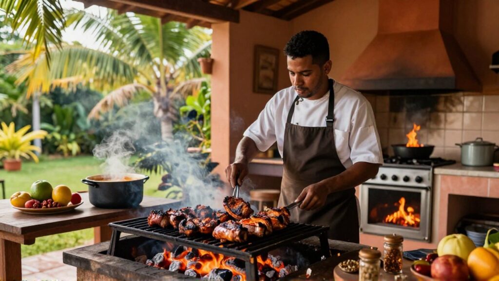 A chef grills marinated meat over charcoal outdoors next to a steaming pot of sancocho in a kitchen.