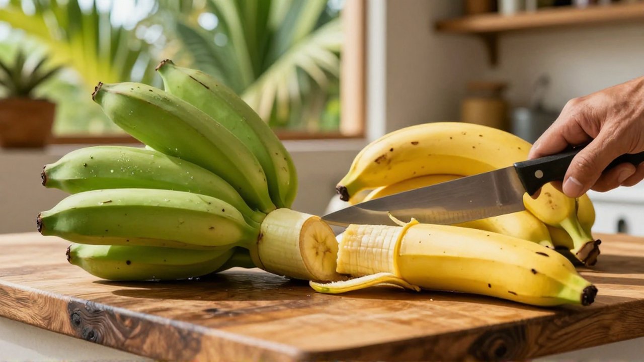A hand slices a firm green plantain on a wooden counter next to ripe yellow bananas.