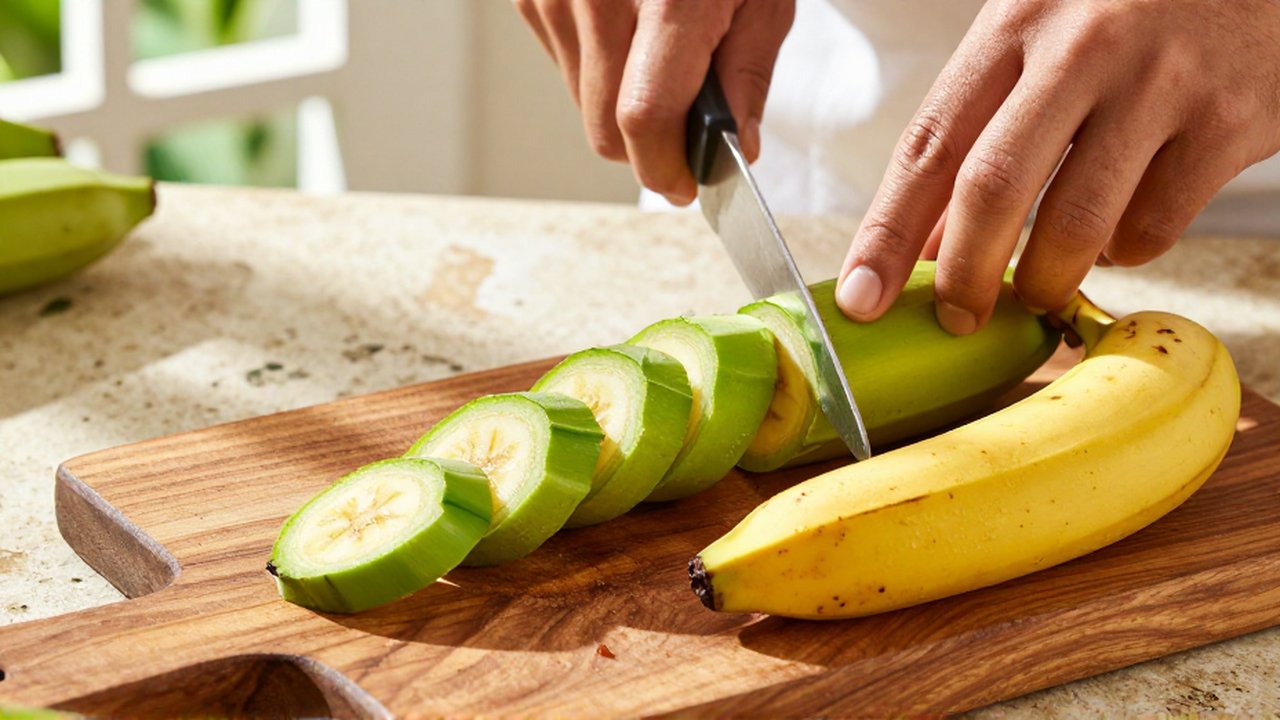 A chef slices a firm green plantain next to a soft yellow banana on a wooden board.
